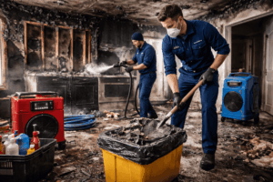 Fire damage restoration technicians cleaning smoke and debris inside burned home in Rensselaer County