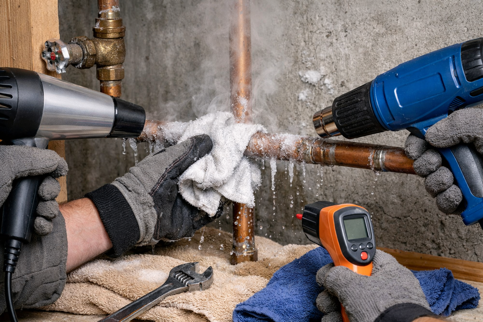 Safely thawing frozen copper pipe using heat gun and hair dryer in basement