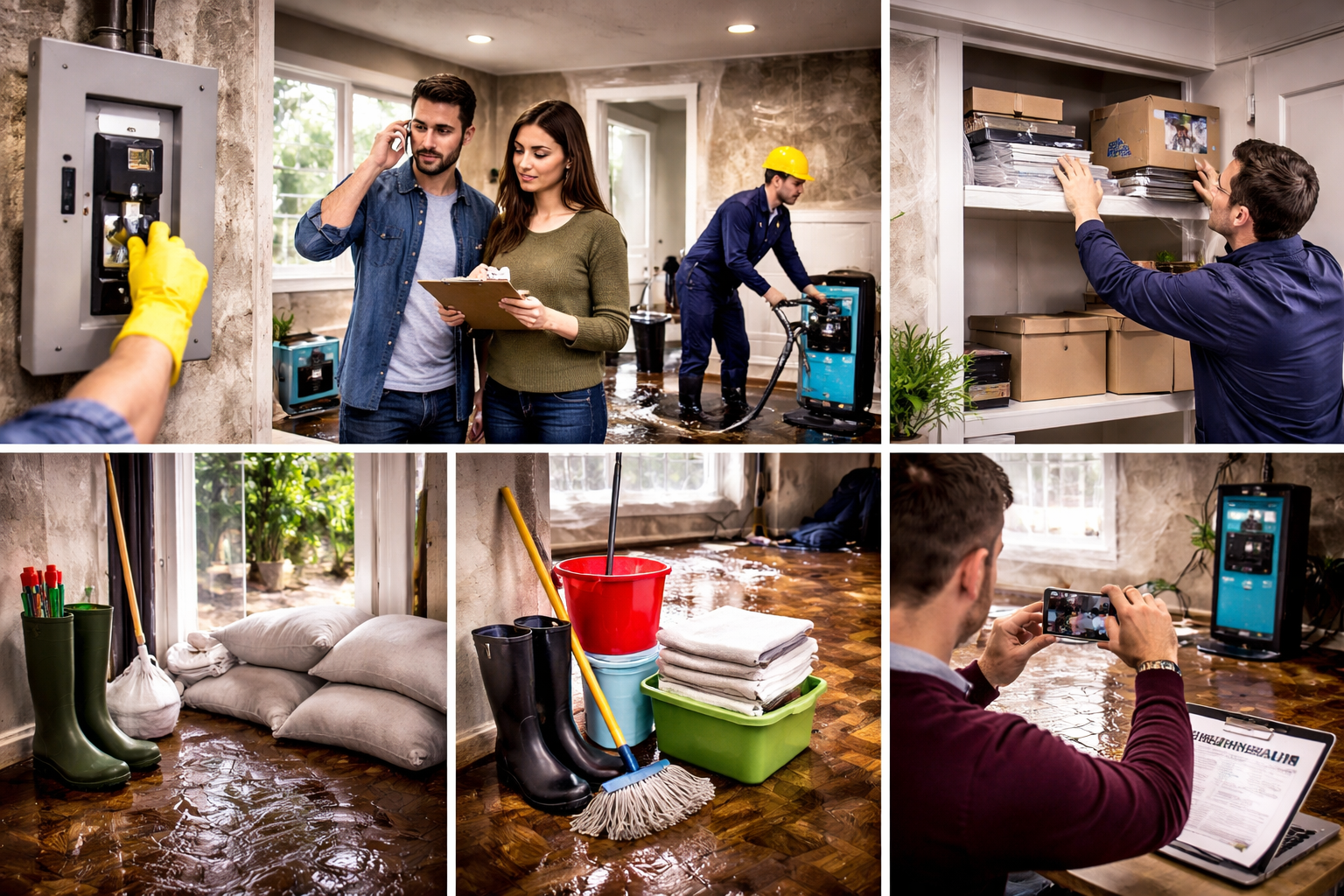 Six essential steps to take after water damage including shutting off power, documenting damage, removing water, protecting belongings, and starting cleanup