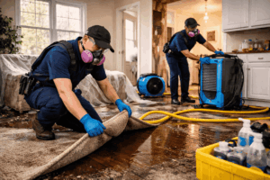 Water damage restoration technicians removing soaked carpet and setting up drying equipment inside a flooded home