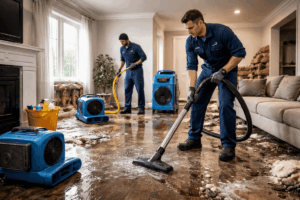 Professional water damage restoration technicians extracting water and drying flooded home in Albany County