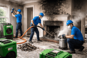 Smoke damage cleanup professionals restoring a fire-affected living room using advanced equipment – Quick Response Restoration