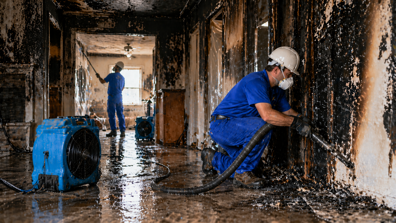 Fire and smoke damage restoration workers in blue uniform cleaning soot and debris inside a damaged property