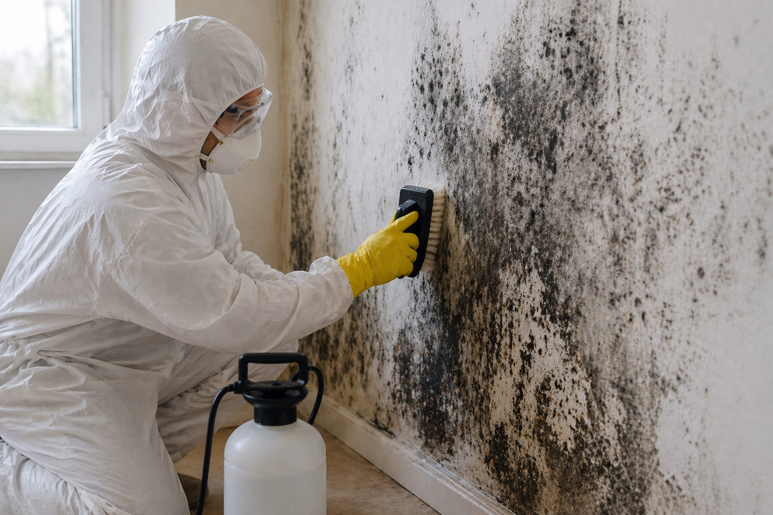 Professional mold remediation worker cleaning mold from wall in Saratoga Springs home