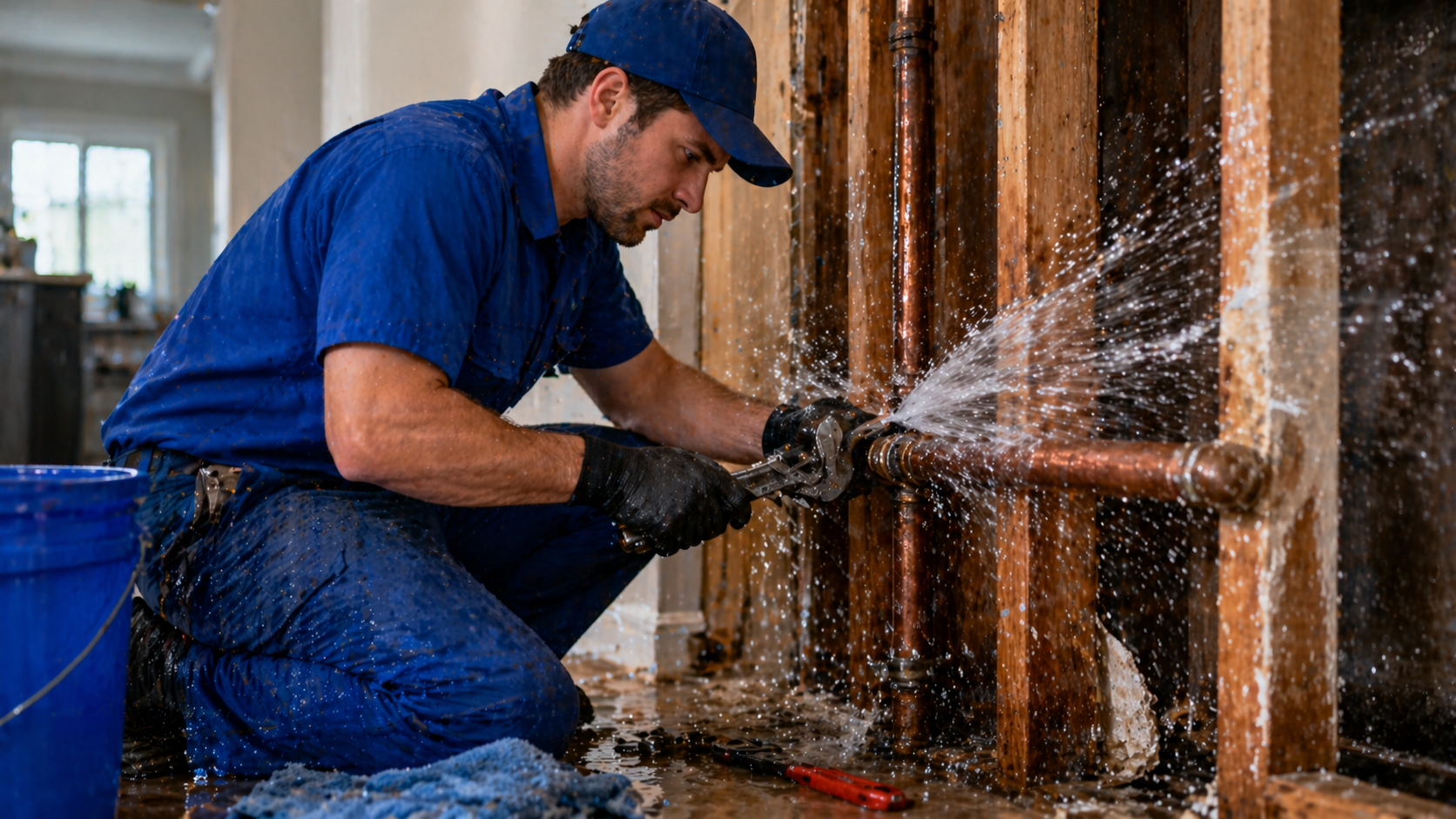 Plumber repairing burst pipe leak with water spraying in home emergency plumbing service