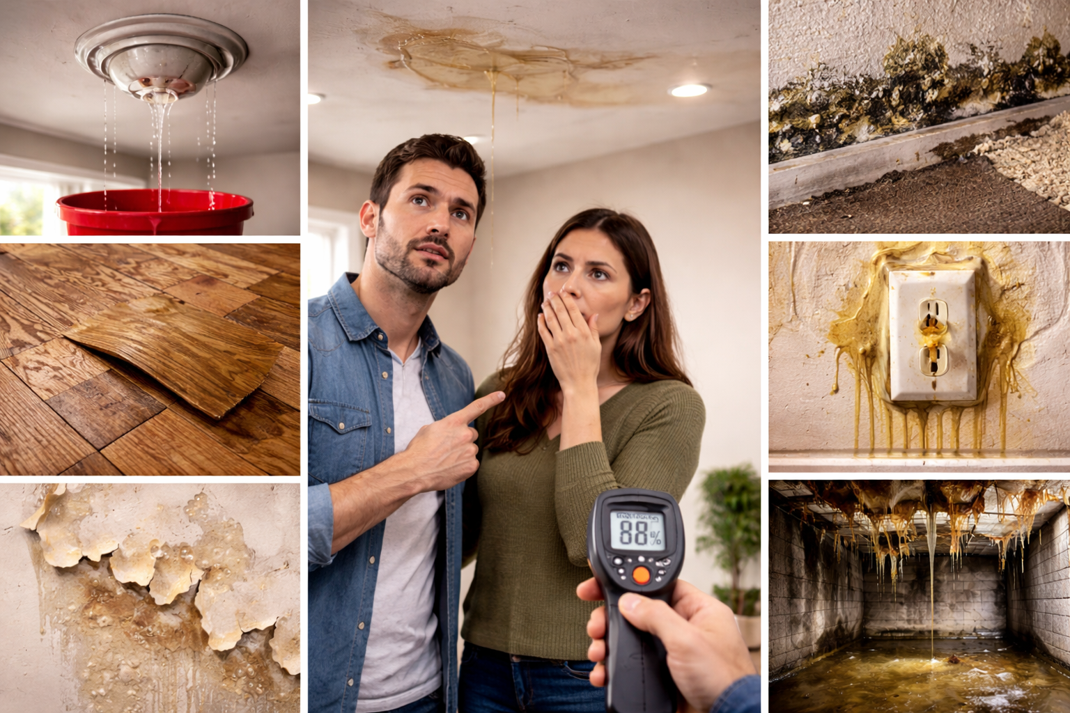 Seven warning signs of water damage including ceiling leaks, mold growth, peeling paint, damaged flooring, and high moisture levels in a home