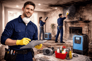 Fire damage restoration professionals cleaning soot and assessing damage inside a smoke-affected home using advanced equipment