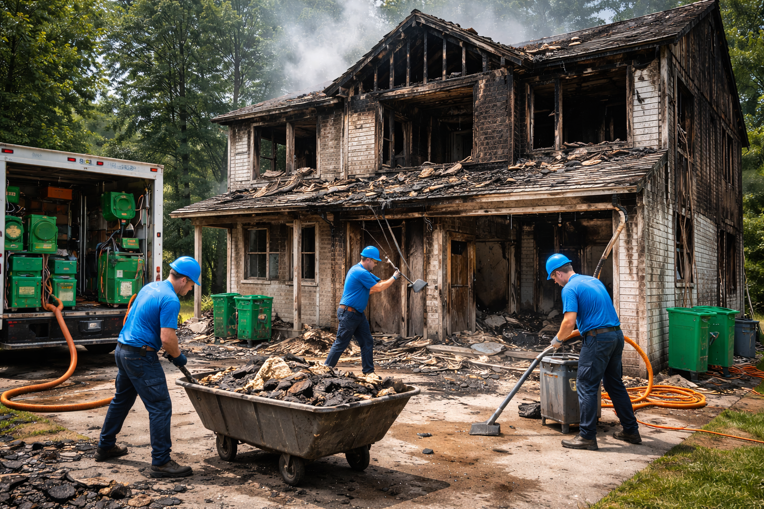 Fire damage restoration technicians in blue uniforms cleaning and repairing a burned house – Quick Response Restoration