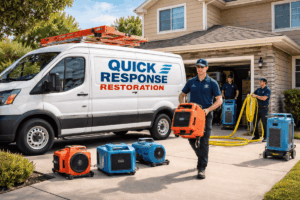 Quick Response Restoration team performing water damage restoration outside a residential home with professional drying equipment