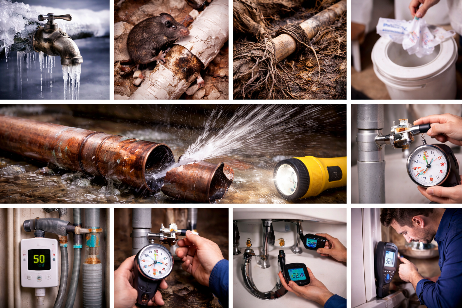 Causes of pipe damage including freezing, corrosion, and root intrusion