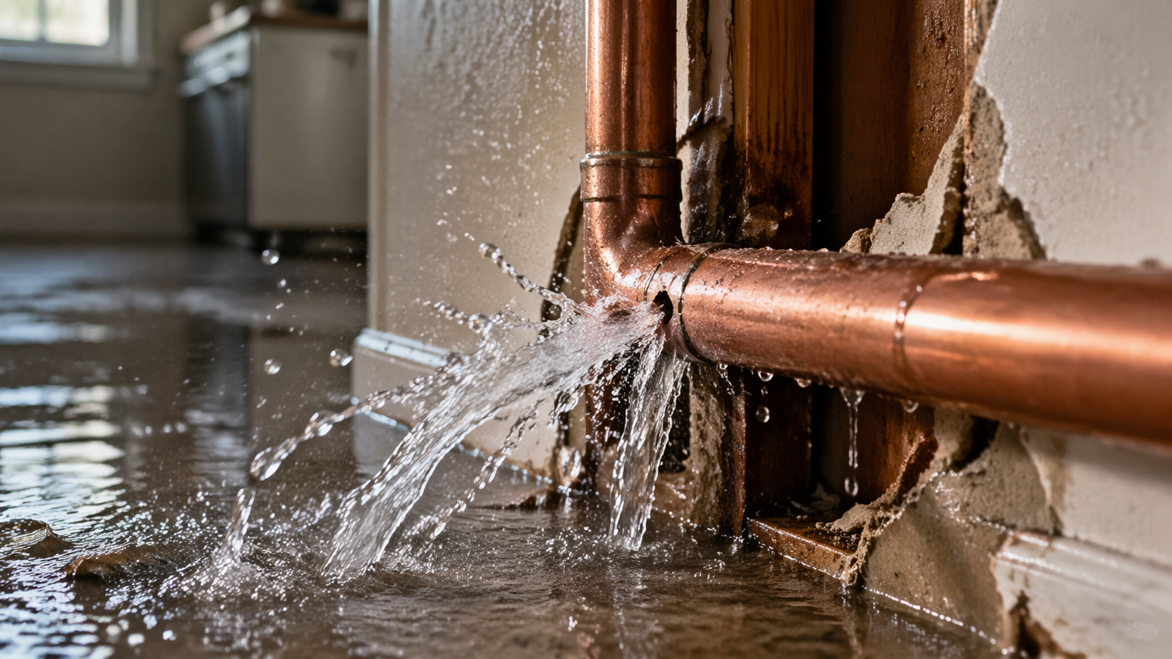 Water leaking from a burst pipe inside a home causing flooding and structural damage, requiring emergency burst pipe repair services
