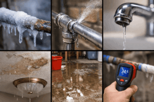 Frozen pipe warning signs including ice buildup, burst pipe leak, dripping faucet, ceiling water damage, basement flooding, and low pipe temperature reading