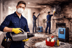 Professional smoke damage cleanup technicians removing soot and using advanced equipment to restore a fire-damaged home