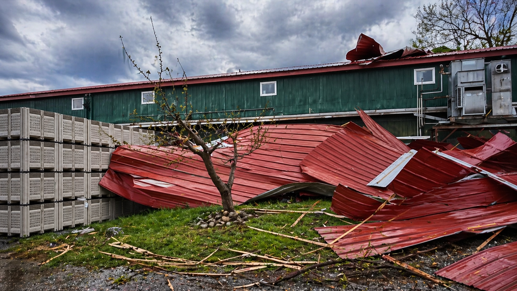 Storm-damaged building with collapsed metal roof and debris after severe weather