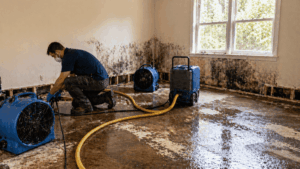Water damage restoration technician removing moisture and mold from walls and floor using drying equipment