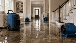 Water damage restoration in a flooded home with industrial dehumidifiers and air movers removing excess moisture