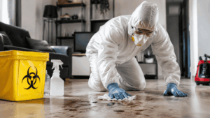 Professional biohazard cleanup technician disinfecting contaminated residential property during emergency cleanup service
