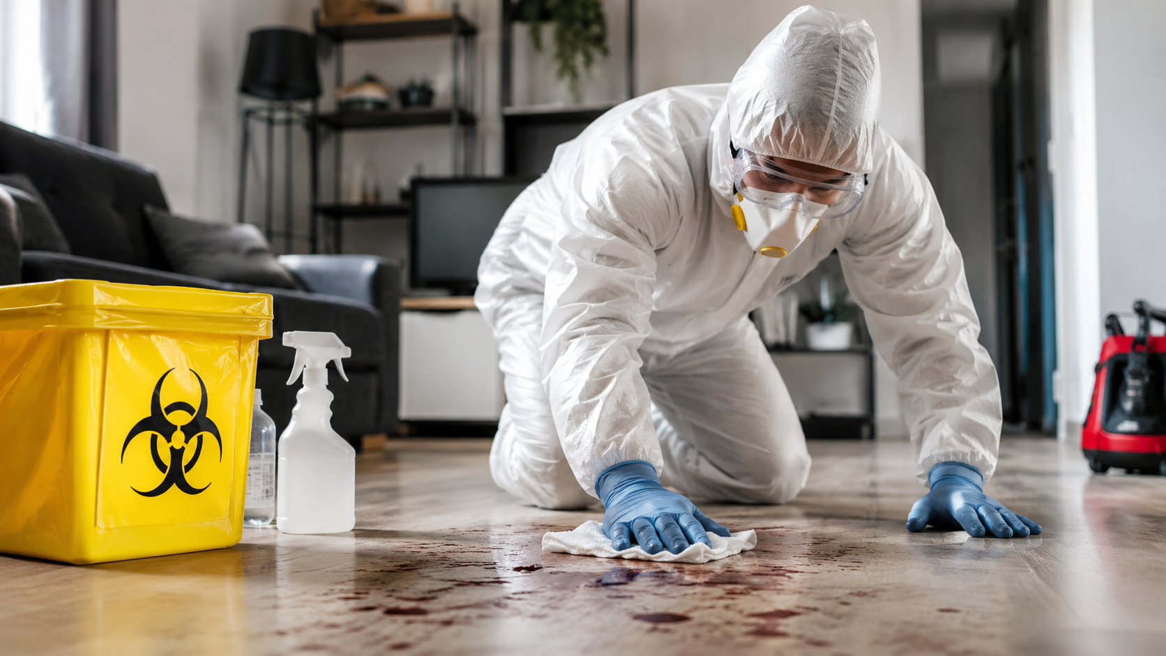Professional biohazard cleanup technician disinfecting contaminated residential property during emergency cleanup service