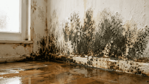 Mold growing on interior walls and flooring after severe water damage in a residential property