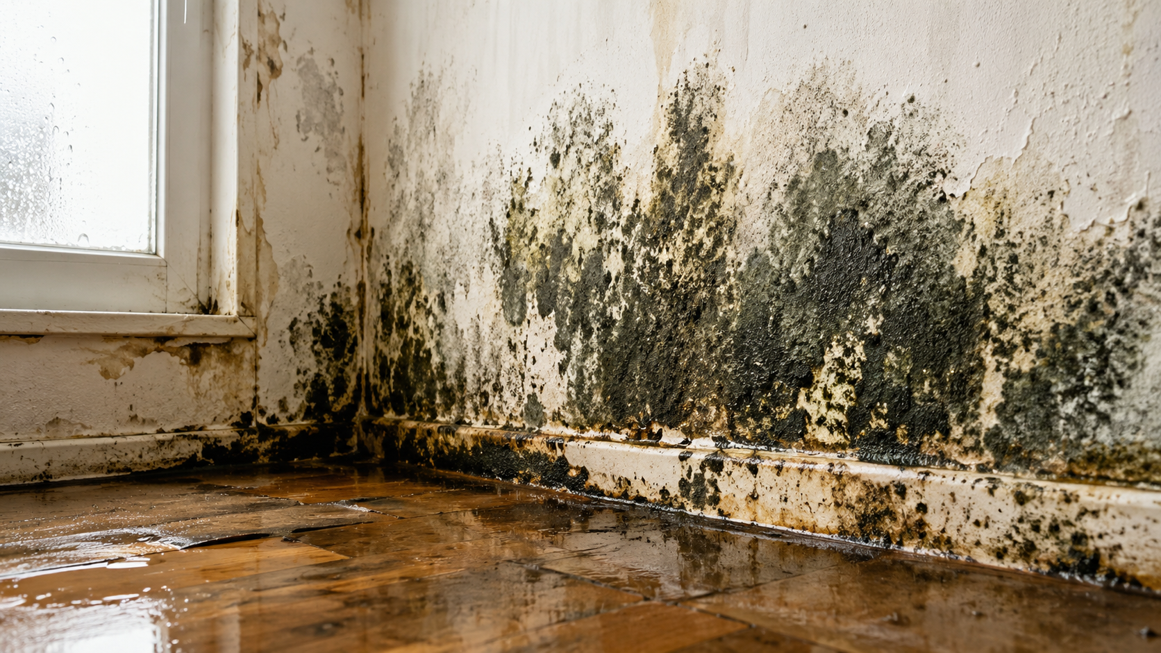Mold growing on interior walls and flooring after severe water damage in a residential property