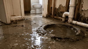 Flooded basement with contaminated sewer water during professional sewage backup cleanup and sewer water damage restoration service.