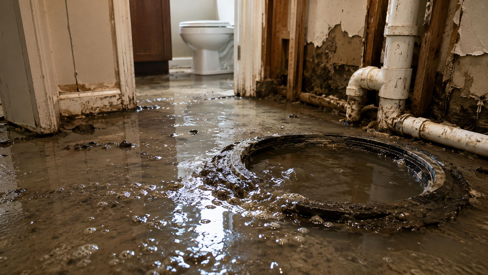 Flooded basement with contaminated sewer water during professional sewage backup cleanup and sewer water damage restoration service.