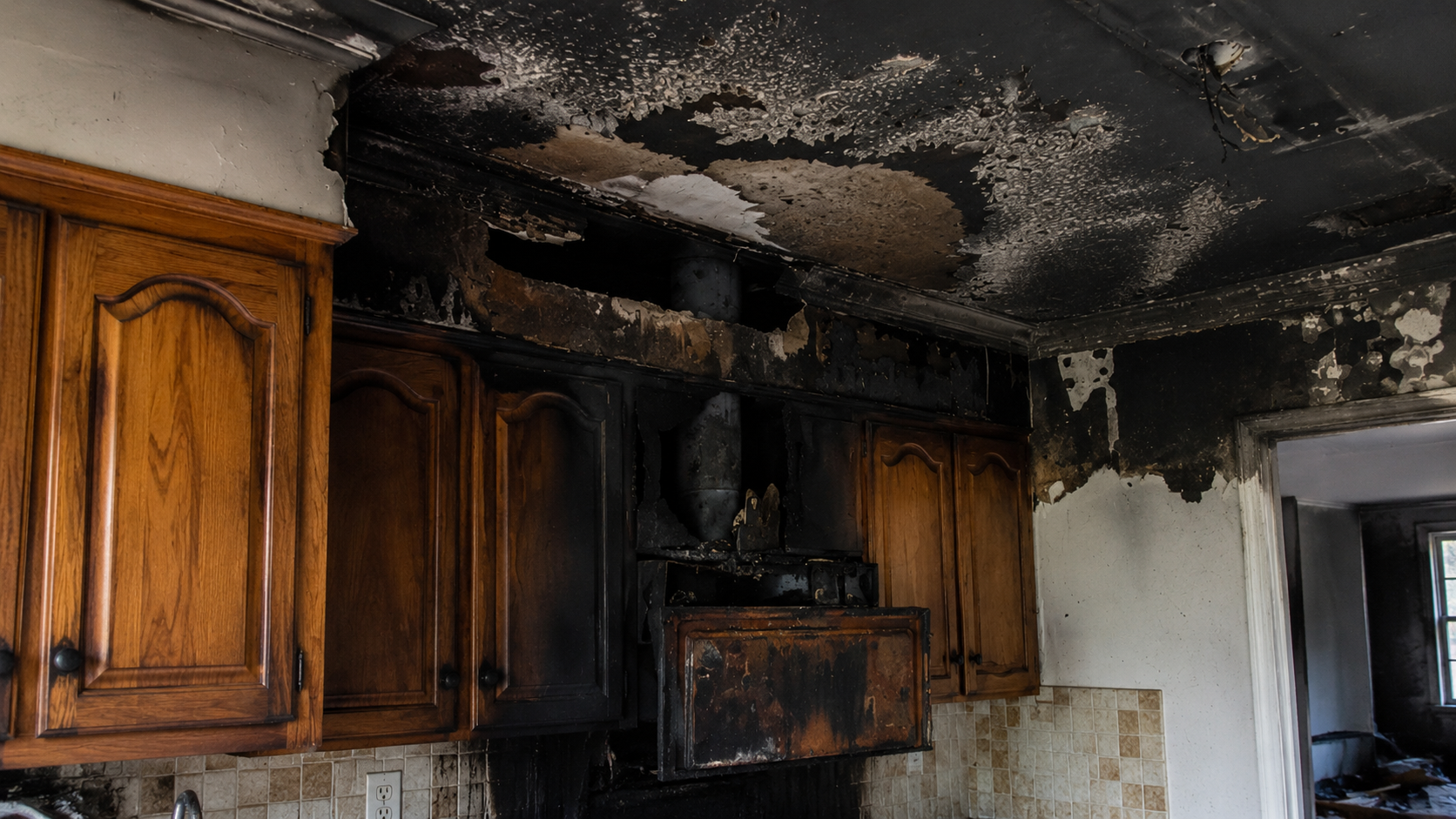 Fire damaged kitchen with smoke stained walls and burned cabinets after residential fire incident