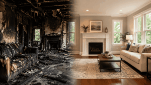 Fire-damaged home transformed through professional fire damage restoration services showing before and after interior recovery and repair.