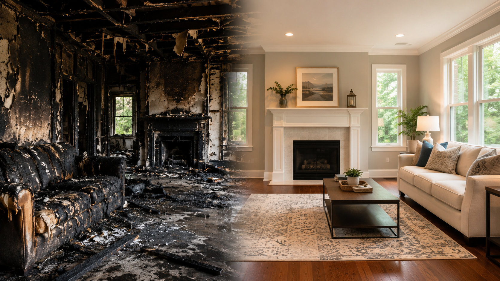 Fire-damaged home transformed through professional fire damage restoration services showing before and after interior recovery and repair.