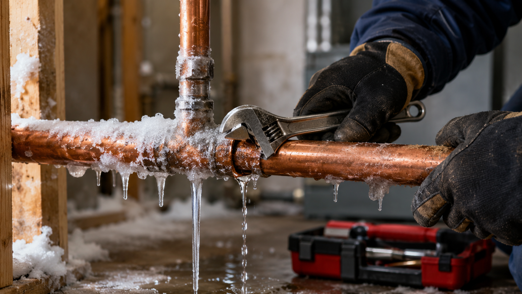 Frozen pipe repair services in Albany County NY showing emergency plumber repairing icy burst water pipe during winter