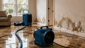 Professional flood cleanup services removing water stains and flood damage from a residential property using advanced drying and restoration equipment.