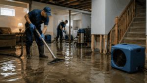 Professional flood cleanup technicians removing standing water from a flooded basement using industrial restoration equipment after water damage disaster