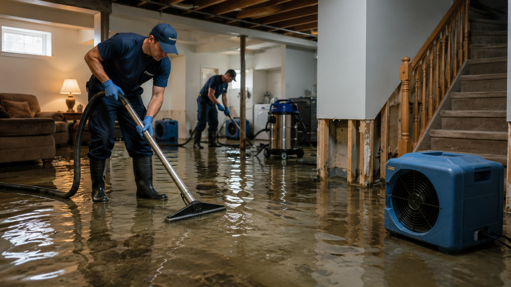 Professional flood cleanup technicians removing standing water from a flooded basement using industrial restoration equipment after water damage disaster