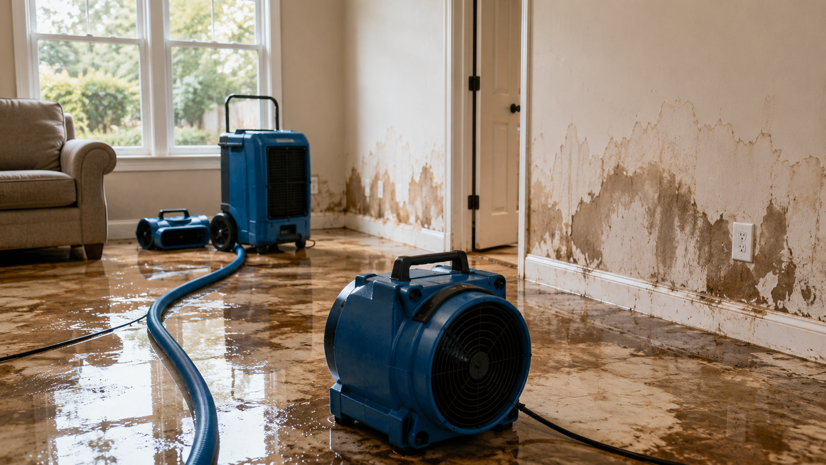 Professional flood cleanup services removing water stains and flood damage from a residential property using advanced drying and restoration equipment.