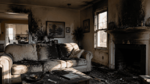 Fire and smoke damaged living room inside a home requiring professional smoke damage repair and cleanup in Albany County, NY