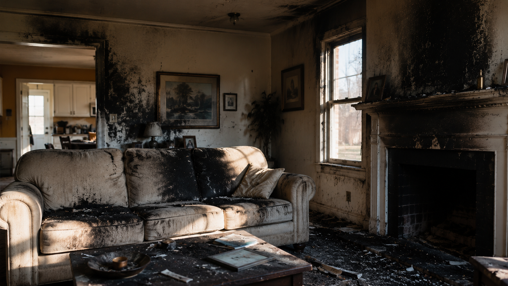 Fire and smoke damaged living room inside a home requiring professional smoke damage repair and cleanup in Albany County, NY