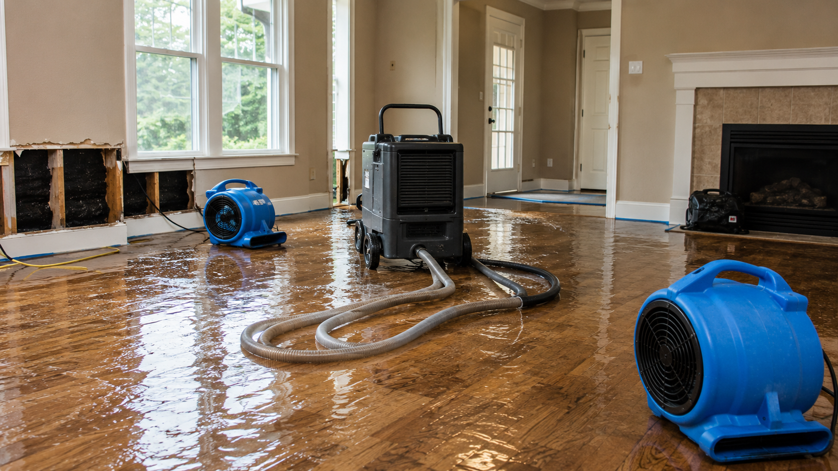 Water damage restoration equipment drying flooded hardwood floors inside a residential home in Round Lake NY