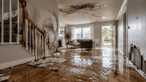 Water-damaged home interior showing flooding, mold growth, and structural damage requiring timely water damage restoration in Albany County NY