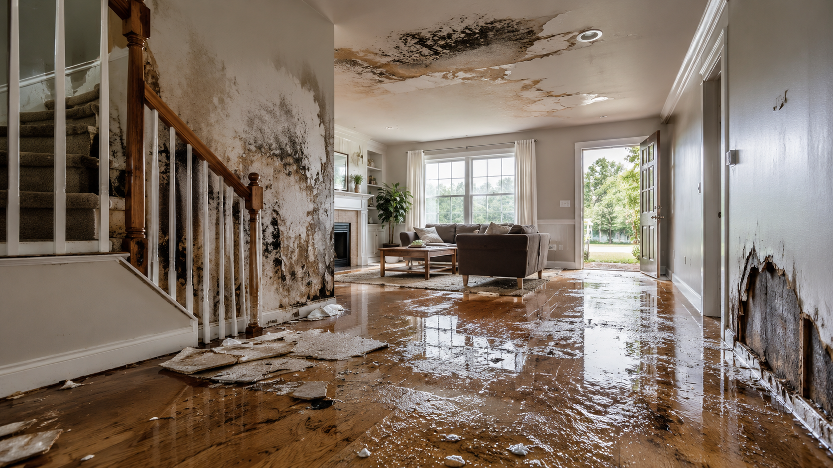 Water-damaged home interior showing flooding, mold growth, and structural damage requiring timely water damage restoration in Albany County NY
