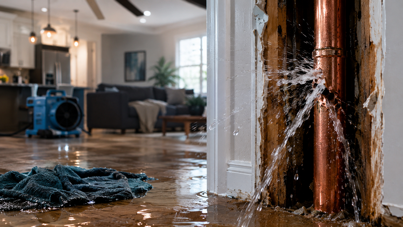 Water damage inside a residential property caused by a burst pipe, showing flooding, structural moisture issues, and emergency cleanup conditions in Clifton Park, NY.