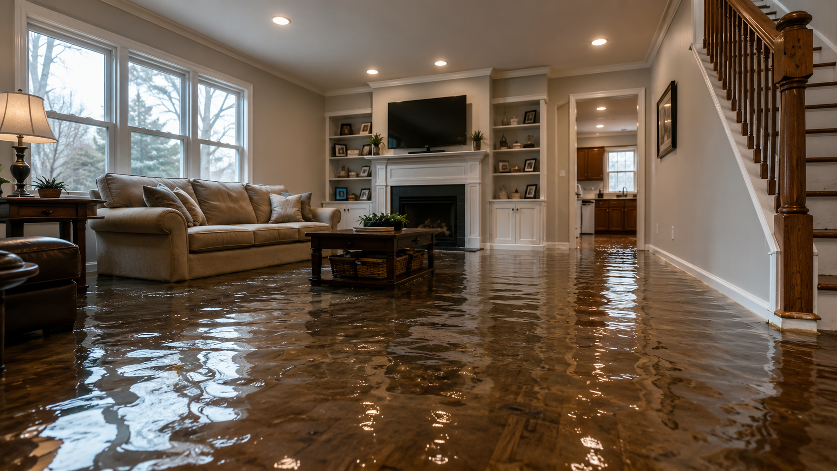 Flooded residential living room with standing water on hardwood floors illustrating the need for professional water damage restoration services in Albany County.