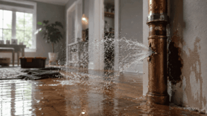 Burst pipe flooding a residential property with water spreading across the floor, highlighting the urgency of burst pipe cleanup and water damage restoration services.