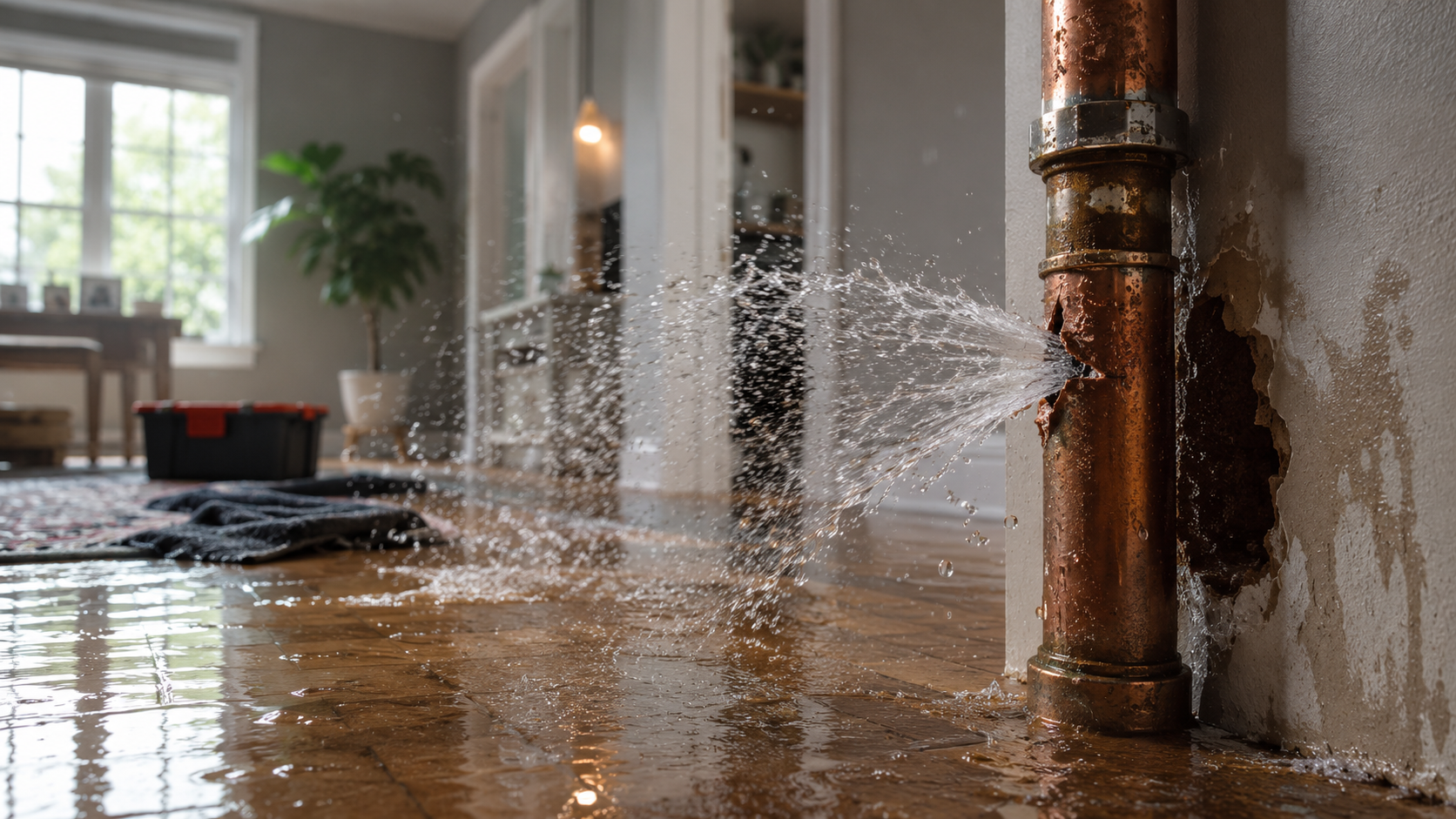 Burst pipe flooding a residential property with water spreading across the floor, highlighting the urgency of burst pipe cleanup and water damage restoration services.