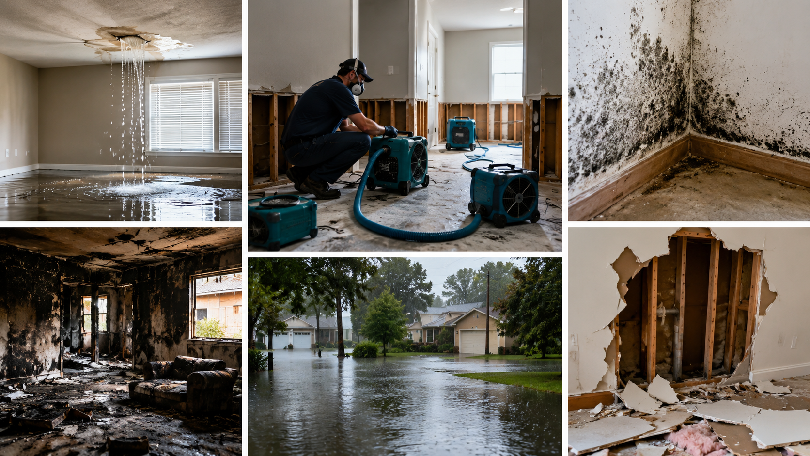 Professional restoration services addressing water damage, mold growth, fire damage, flood damage, and structural property issues requiring immediate restoration and cleanup.