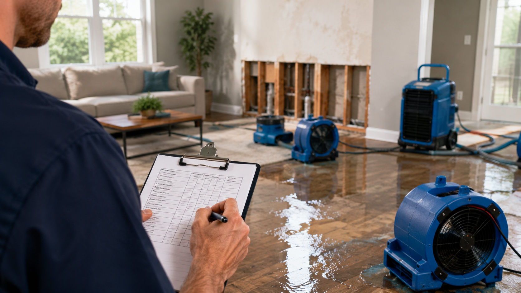 Professional restoration technician inspecting residential water and structural damage while helping property owners choose the right restoration company near me