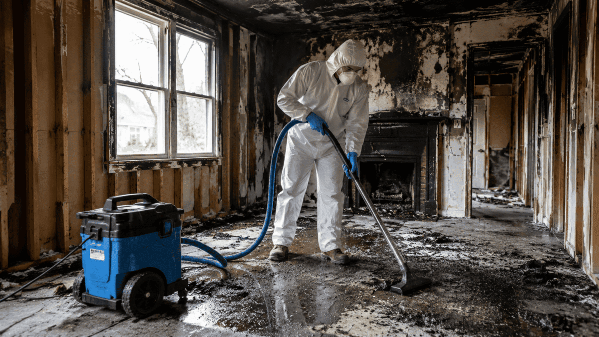 Restoration technician wearing protective equipment performing smoke damage cleanup inside a fire-damaged property using professional soot removal and cleaning equipment.