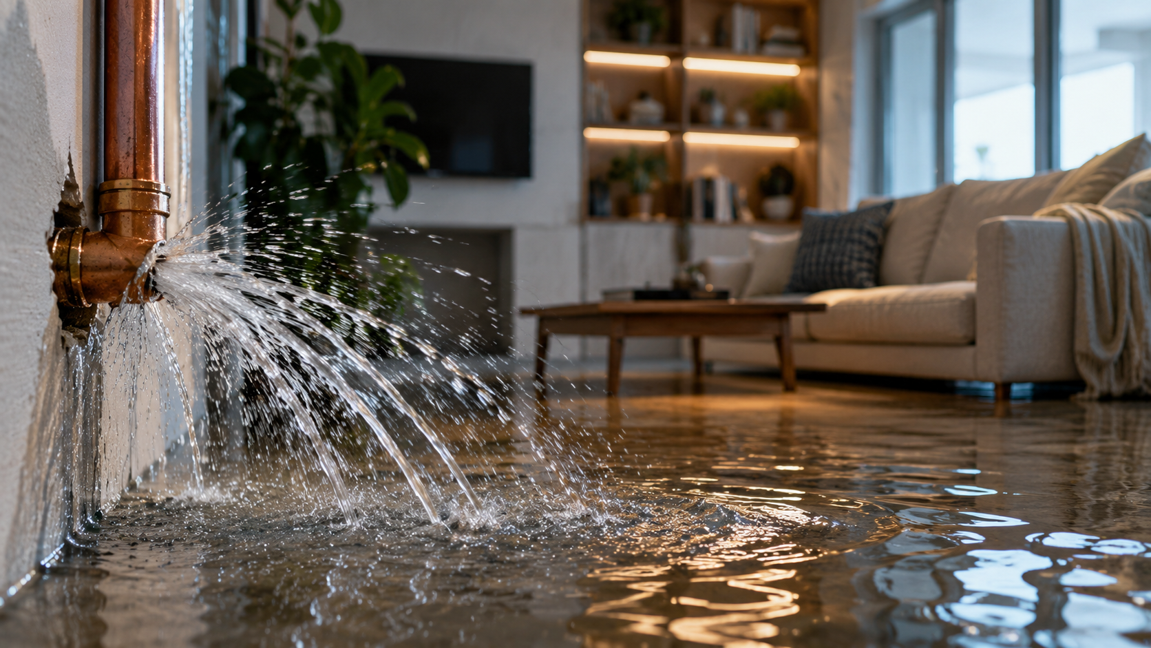 Burst pipe flooding a modern living room with standing water requiring emergency burst pipe repair and water damage restoration