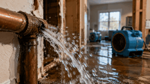 Water spraying from a burst pipe inside a damaged property with standing water and professional drying equipment during emergency water damage restoration cleanup.
