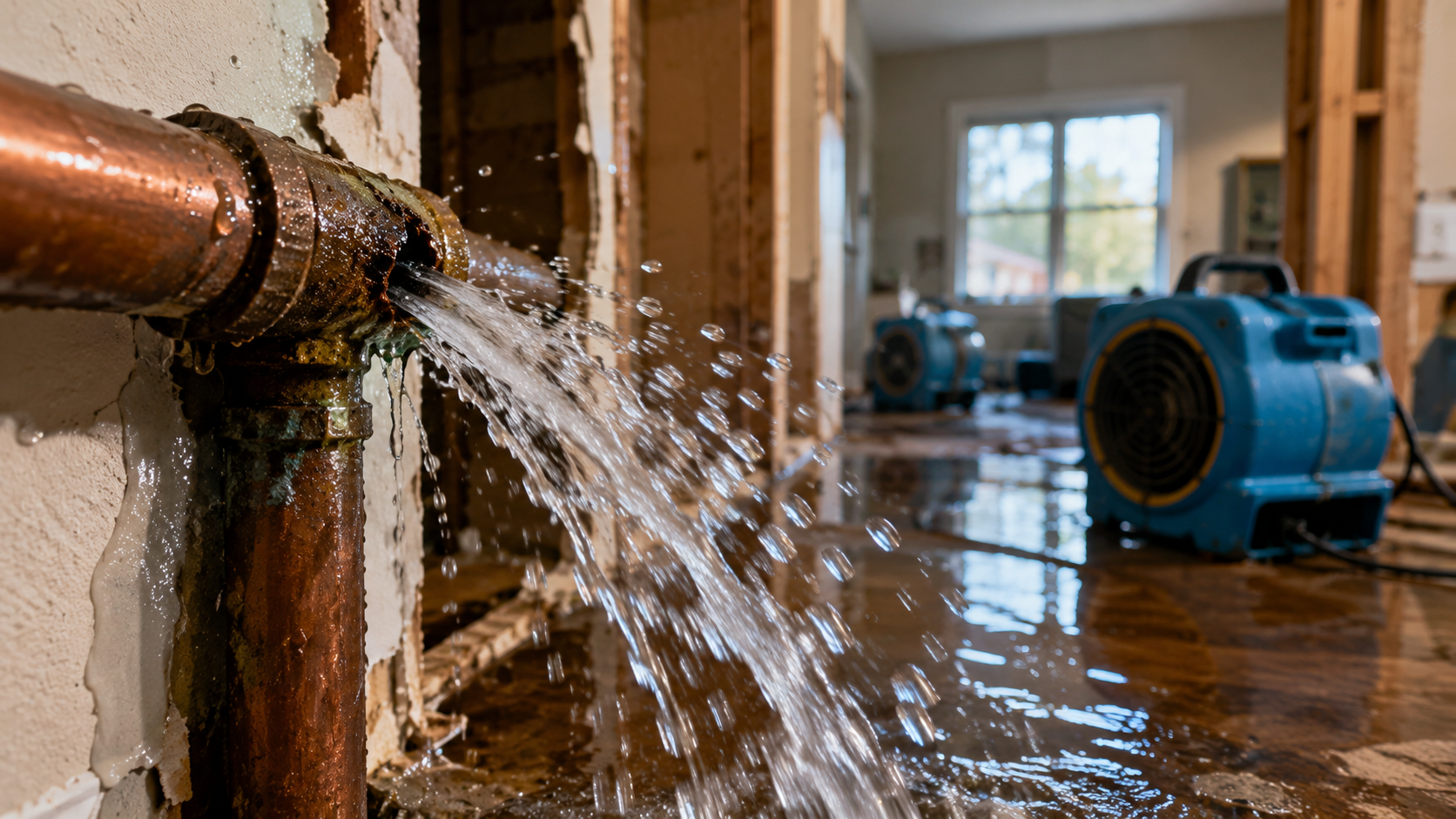 Water spraying from a burst pipe inside a damaged property with standing water and professional drying equipment during emergency water damage restoration cleanup.