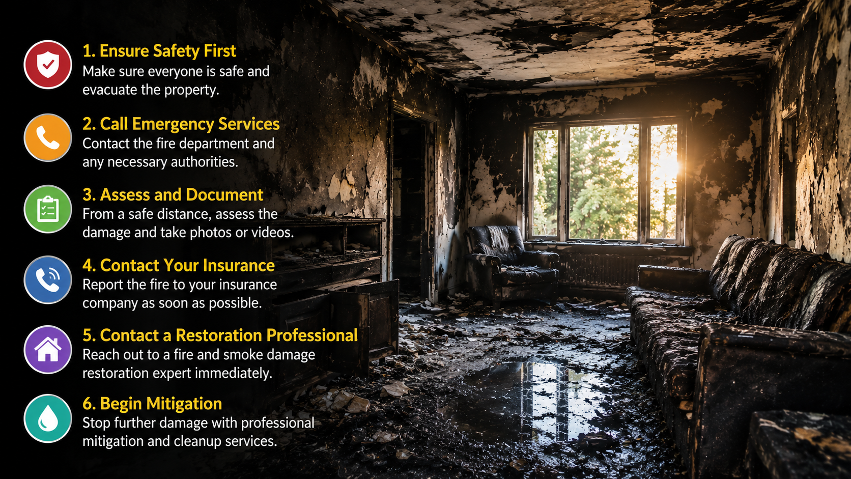 Infographic showing the first steps to take after fire and smoke damage, including ensuring safety, calling emergency services, documenting damage, contacting insurance, hiring a restoration professional, and beginning mitigation.